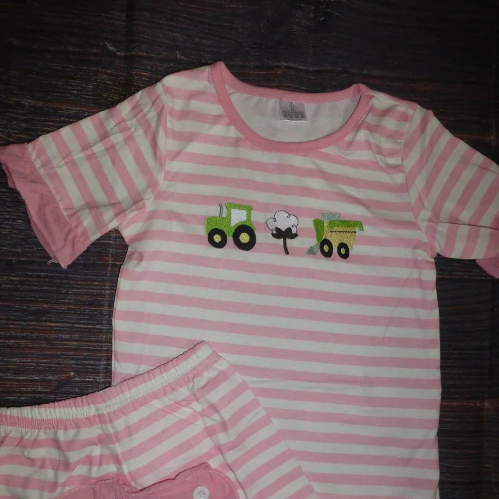 Boutique Cotton Farm Tractor Short Sleeve Pink Girls Pajamas